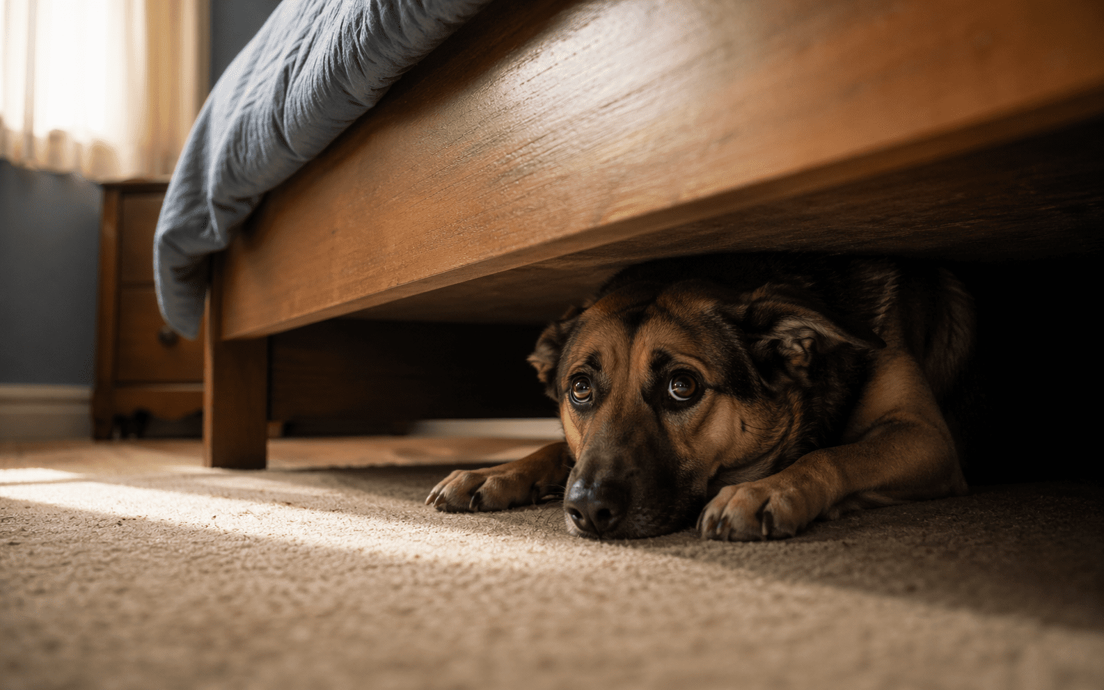Dog hiding under bed showing fear and anxiety behavior
