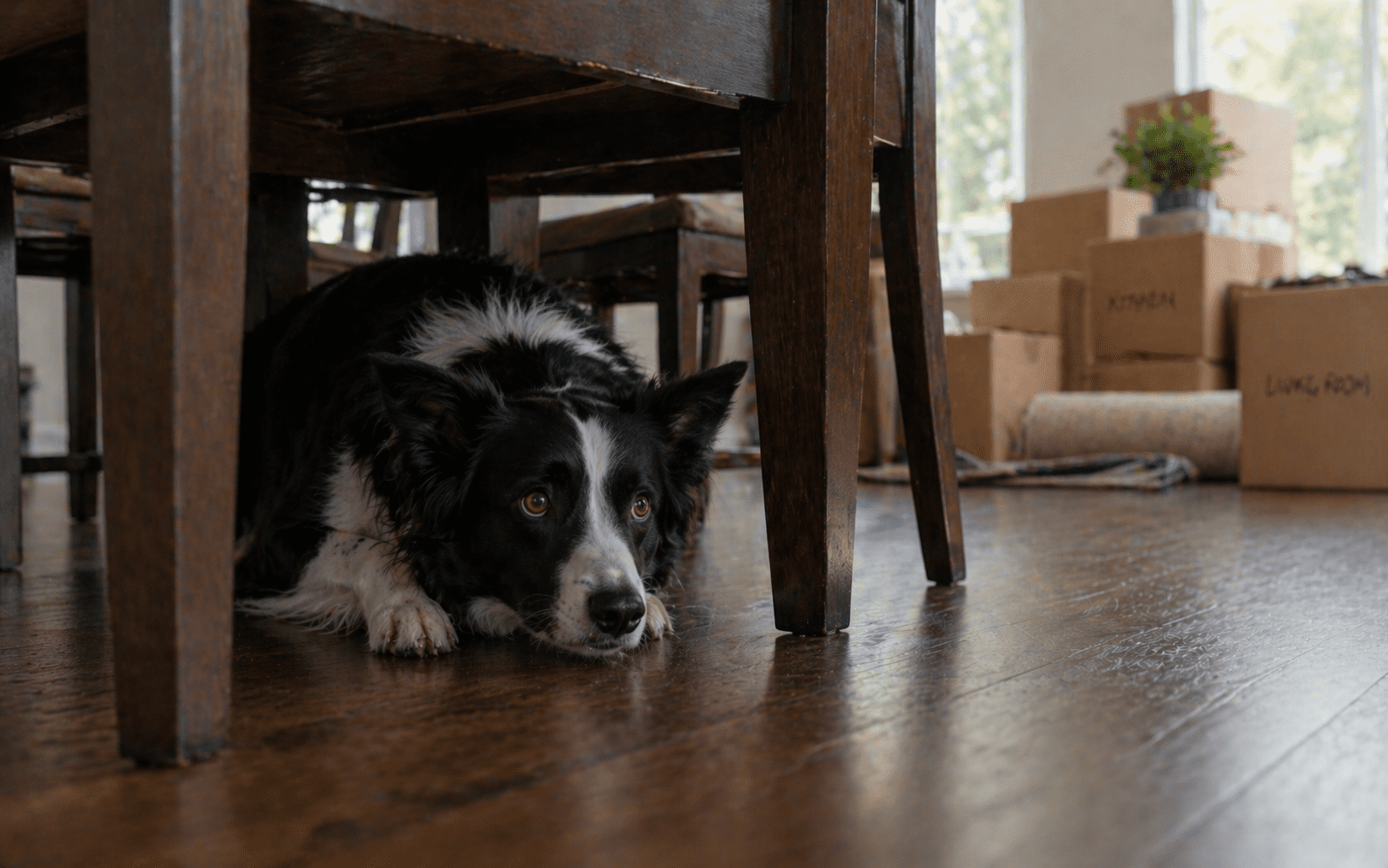 Why Is My Dog Hiding? Common Causes and What to Do 3 Dog hiding under table due to environmental changes and stress