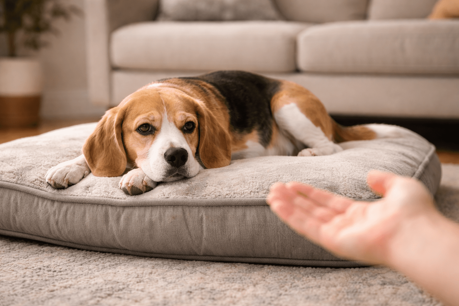 How Do Dogs Know Their Name? The Science Behind Name Recognition 5 A beagle lies on a gray dog bed, looking toward a person's outstretched hand in the foreground. The scene is indoors with a sofa and carpet visible in the background.