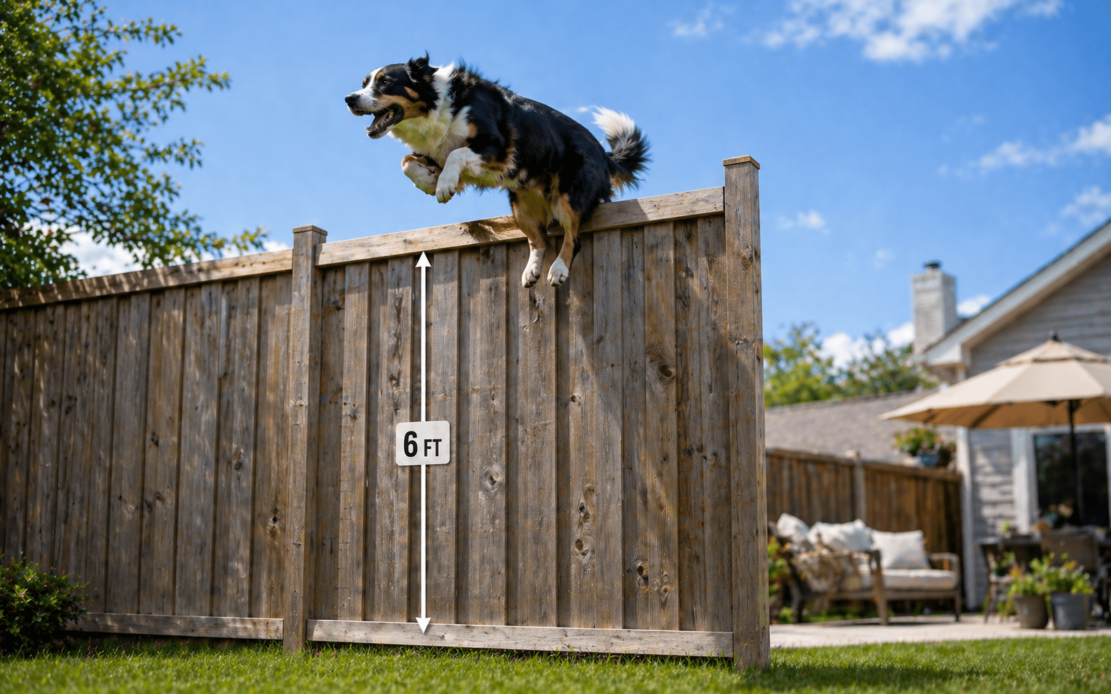 How High Can a Dog Jump? Breed Facts, Fence Heights, and Training Tips 4 Athletic dog jumping over a tall 6 foot backyard privacy fence