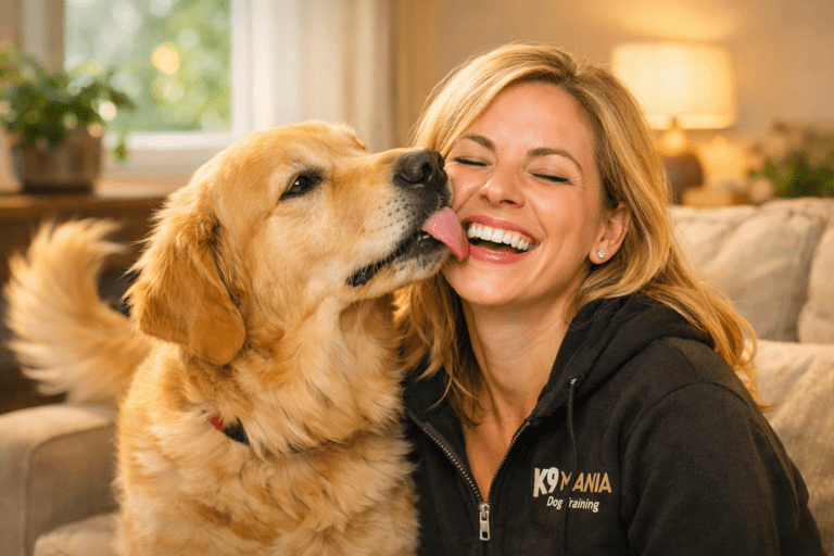 A golden retriever licks the smiling face of a woman sitting on a couch. The woman is wearing a black hoodie with "K9 Mania Dog Training" written on it. The setting is a cozy living room with soft lighting.