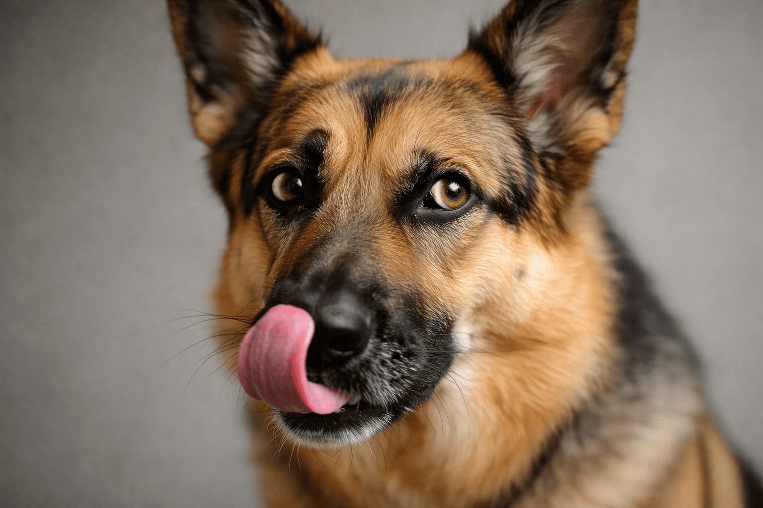 What Is Displacement Behavior in Dogs? Understanding Canine Stress Signals 2 A close-up of a German Shepherd dog with brown and black fur, looking at the camera and licking its nose with its tongue curled up. The background is a plain grey.