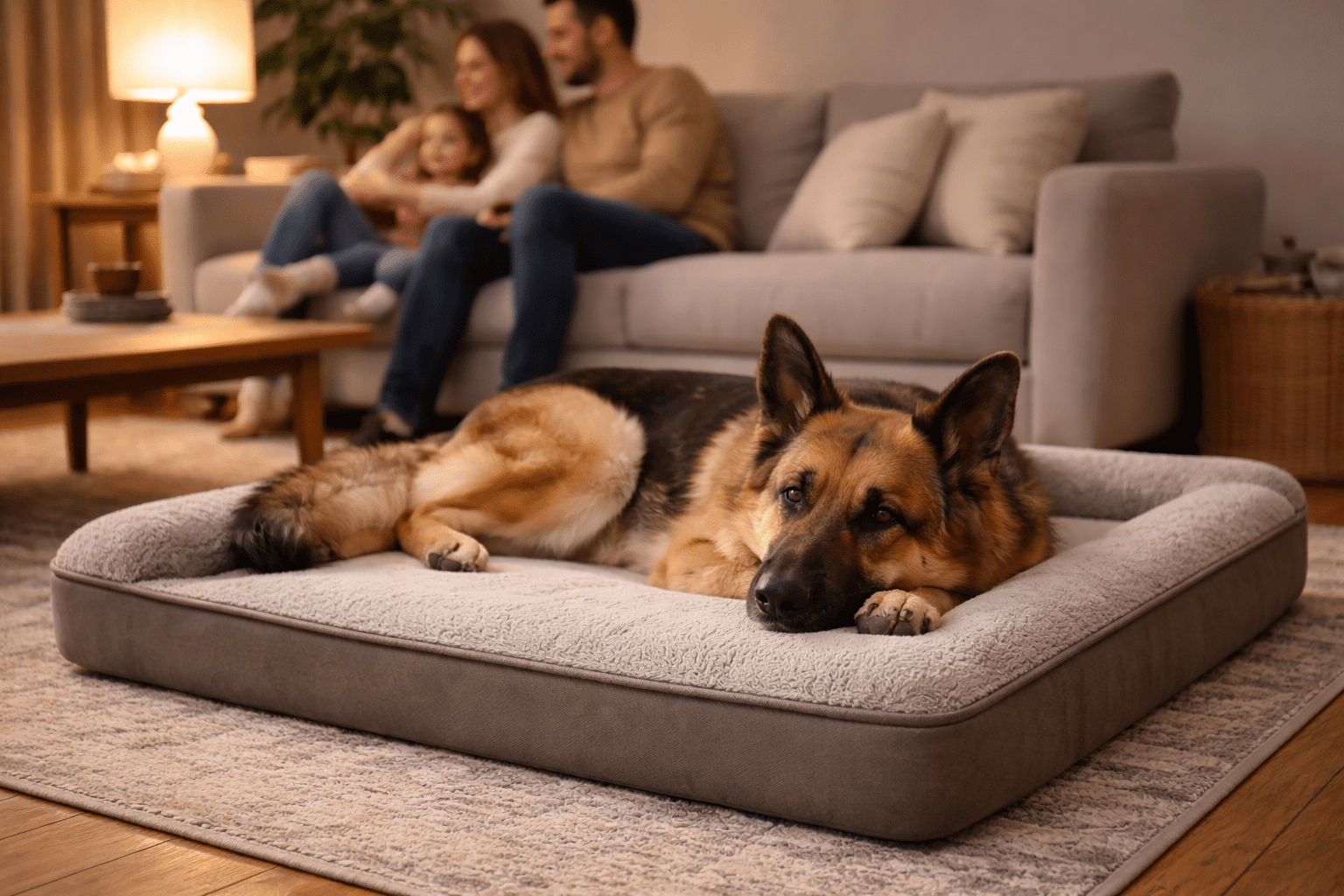 How Do You Keep Your Dog Off the Couch 6 Dog resting on orthopedic bed positioned near family to maintain pack bonding