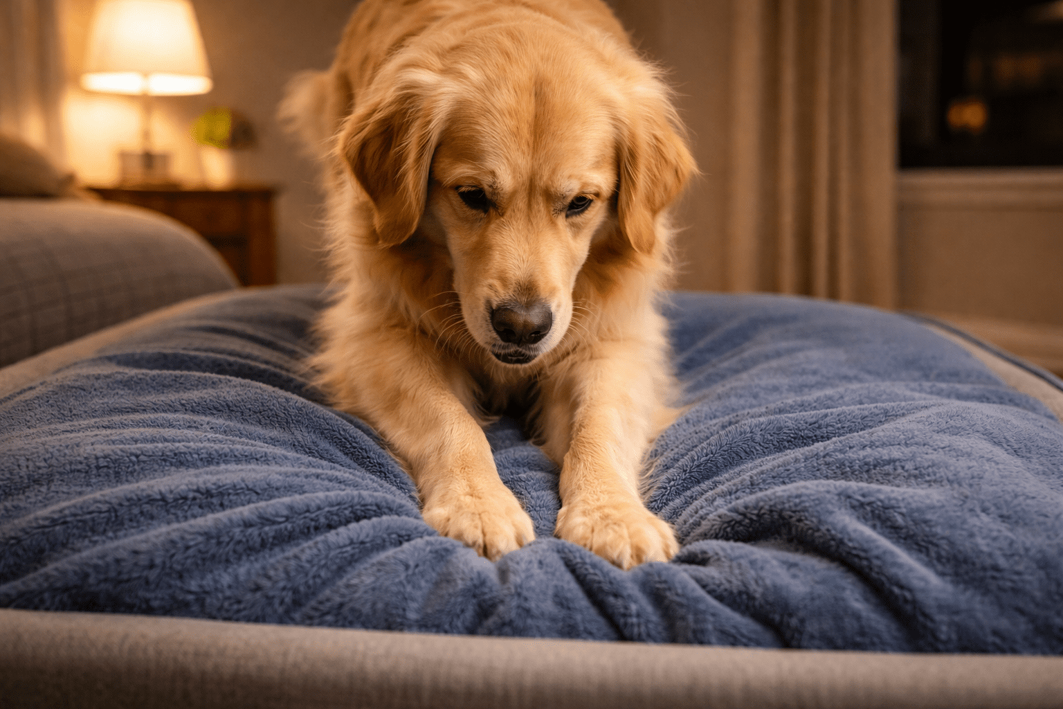 Why Do Dogs Circle Before Lying Down? 2 A golden retriever is kneading a soft, blue blanket on a bed, looking down with focus. The room is warmly lit, with a lamp and furniture blurred in the background.