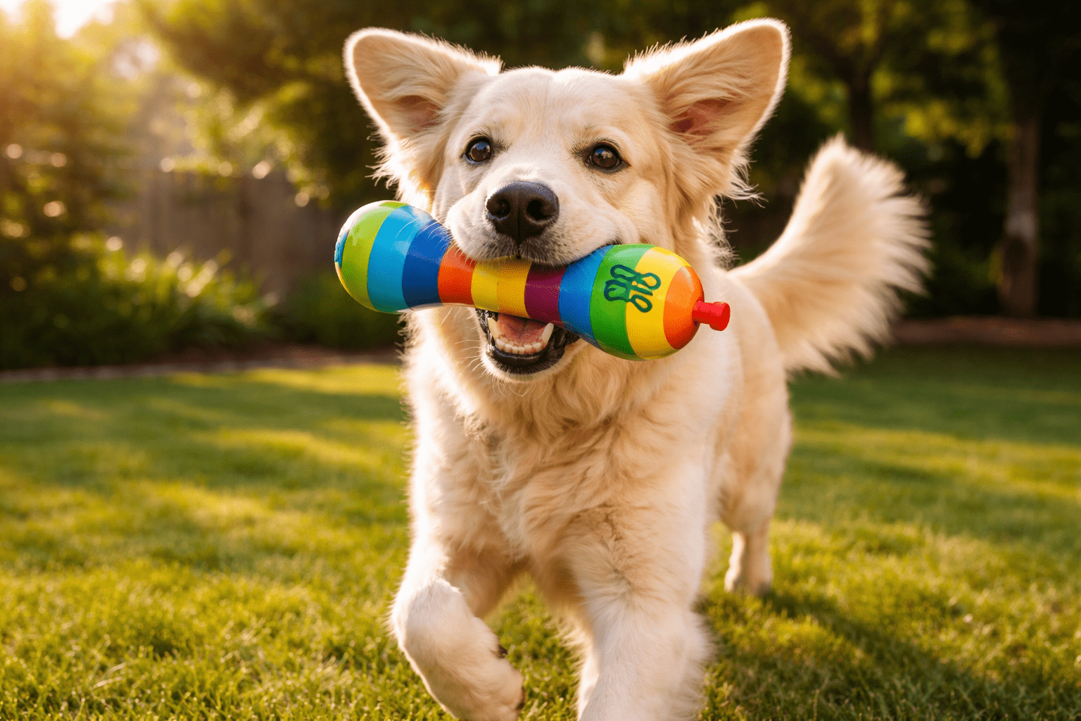 A happy golden retriever runs on green grass with a colorful toy bone in its mouth, tail up and ears perked, on a sunny day in a backyard.