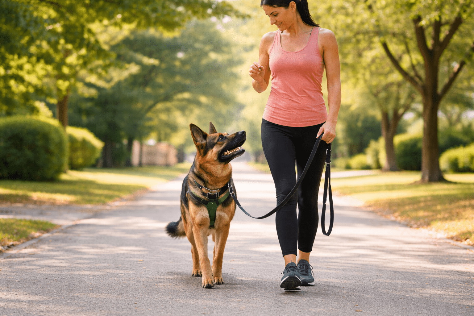 How to Train Your Dog to Run with You 3 A woman in athletic clothing walks a German Shepherd on a leash down a tree-lined path in a park on a sunny day. The dog looks up at her, and she smiles while holding a treat or toy.