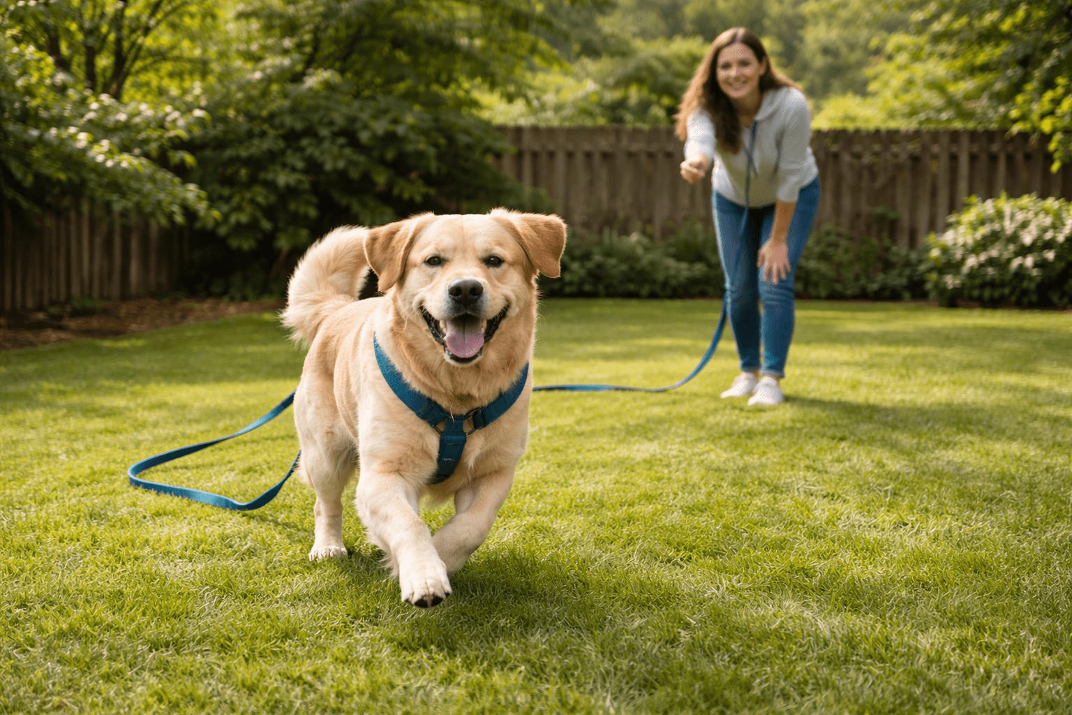 How to Teach Dog to Come: Complete Training Guide 4 A happy golden retriever on a blue leash runs across a grassy backyard toward the camera, while a smiling woman holds the leash in the background near a wooden fence and green trees.