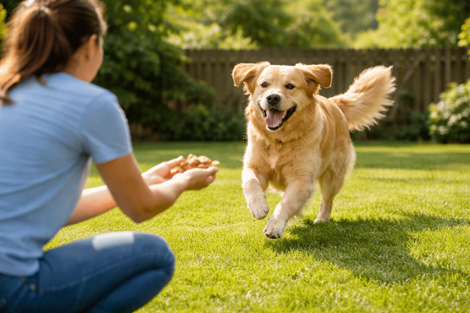 How to Teach Dog to Come: Complete Training Guide 1 A woman kneels on grass holding treats while a happy golden retriever runs toward her in a sunny backyard with green trees and a wooden fence.