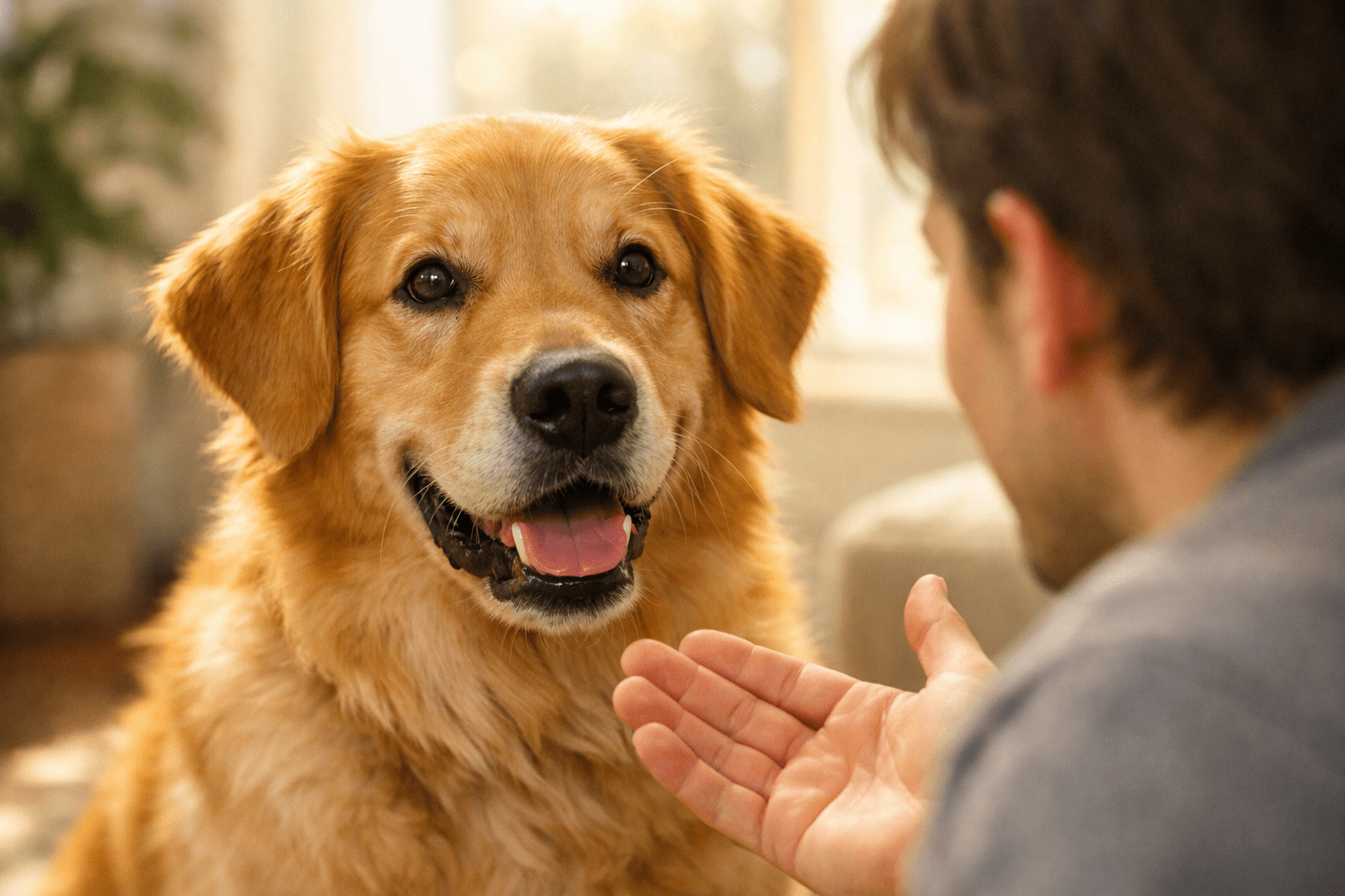 How do dogs know their name. A golden retriever sits indoors, looking happily at a person with a hand gently extended toward the dog. The dog has its mouth open and appears to be smiling.