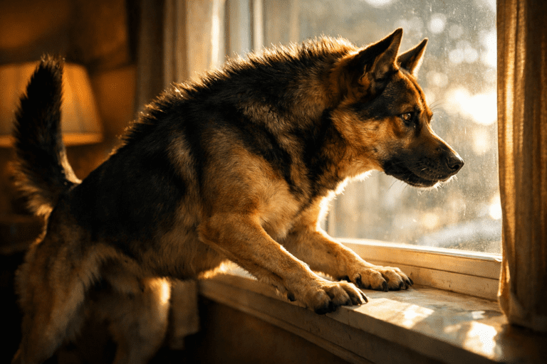 A German Shepherd stands on a windowsill, peering outside through a sunlit window with an alert and focused expression. Warm sunlight highlights its fur and the cozy interior.
