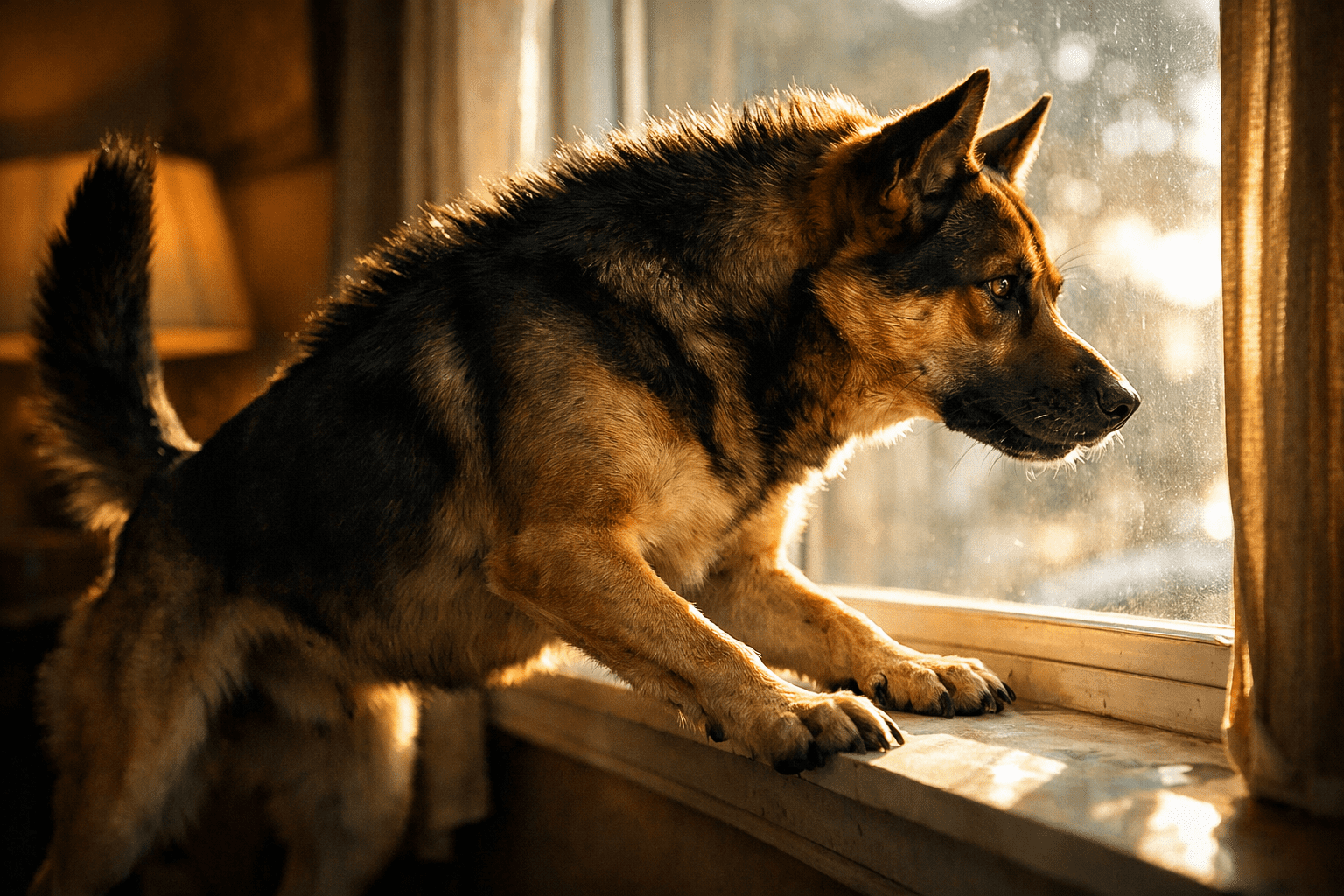 A German Shepherd stands on a windowsill, peering outside through a sunlit window with an alert and focused expression. Warm sunlight highlights its fur and the cozy interior.