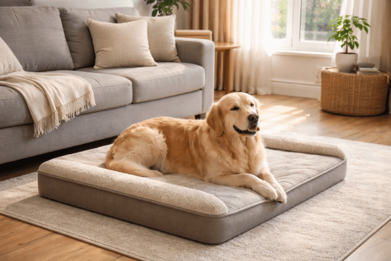 Dog comfortably resting on orthopedic bed near couch following boundary training