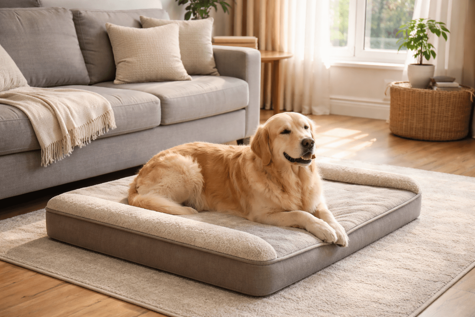 Dog comfortably resting on orthopedic bed near couch following boundary training