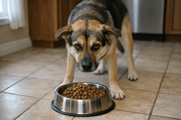 how to stop resource guarding in dogs. A large dog with brown and black fur stands on a tiled kitchen floor, staring intently at the camera while standing over a metal bowl filled with dry dog food.