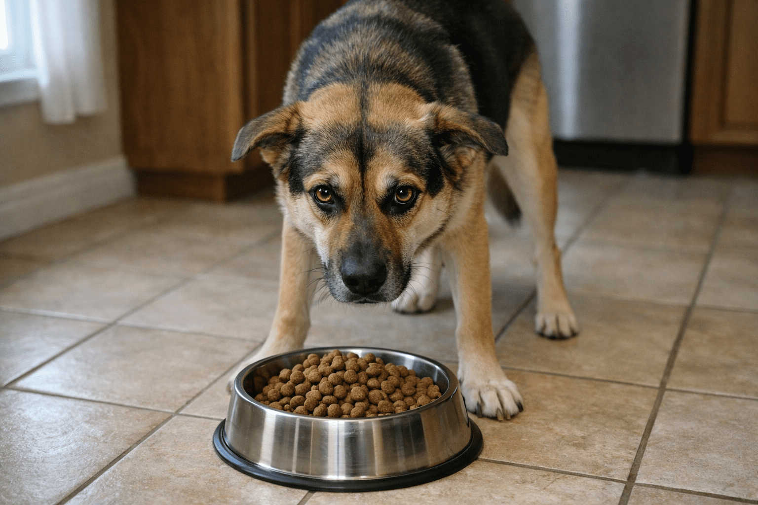 how to stop resource guarding in dogs. A large dog with brown and black fur stands on a tiled kitchen floor, staring intently at the camera while standing over a metal bowl filled with dry dog food.