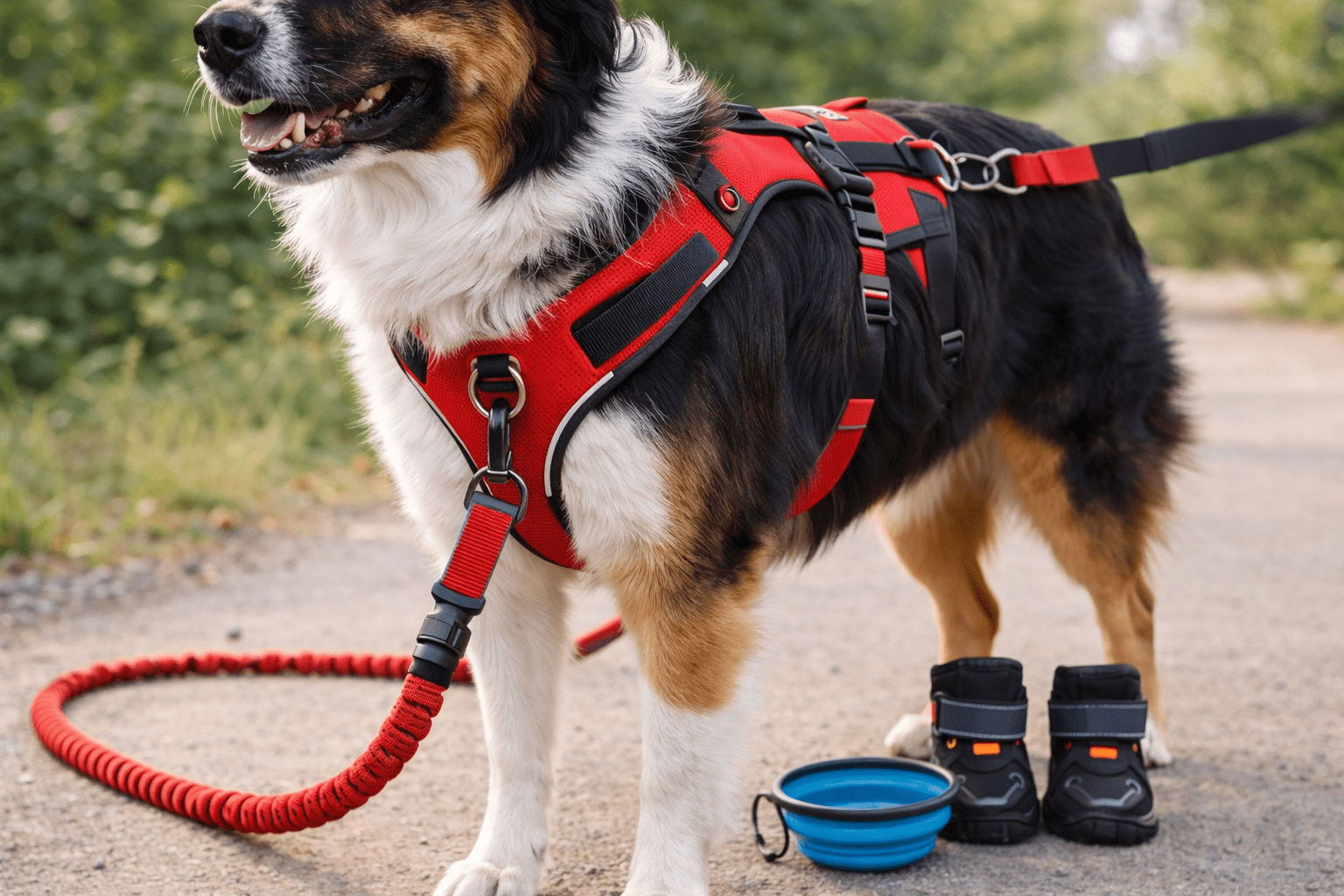 How to Train Your Dog to Run with You 2 A dog wearing a red harness and leash stands on a path outdoors. The dog has black, white, and brown fur. Next to it on the ground are two black dog boots and a blue collapsible water bowl.