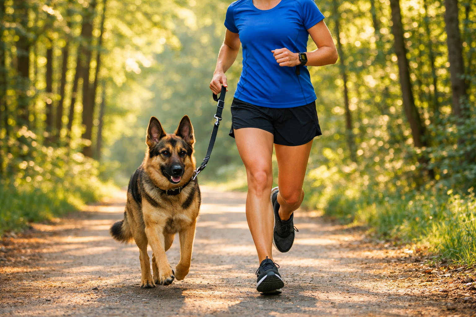 A person in a blue shirt and black shorts jogs on a forest trail with a German Shepherd on a leash, surrounded by trees and sunlight filtering through the leaves.