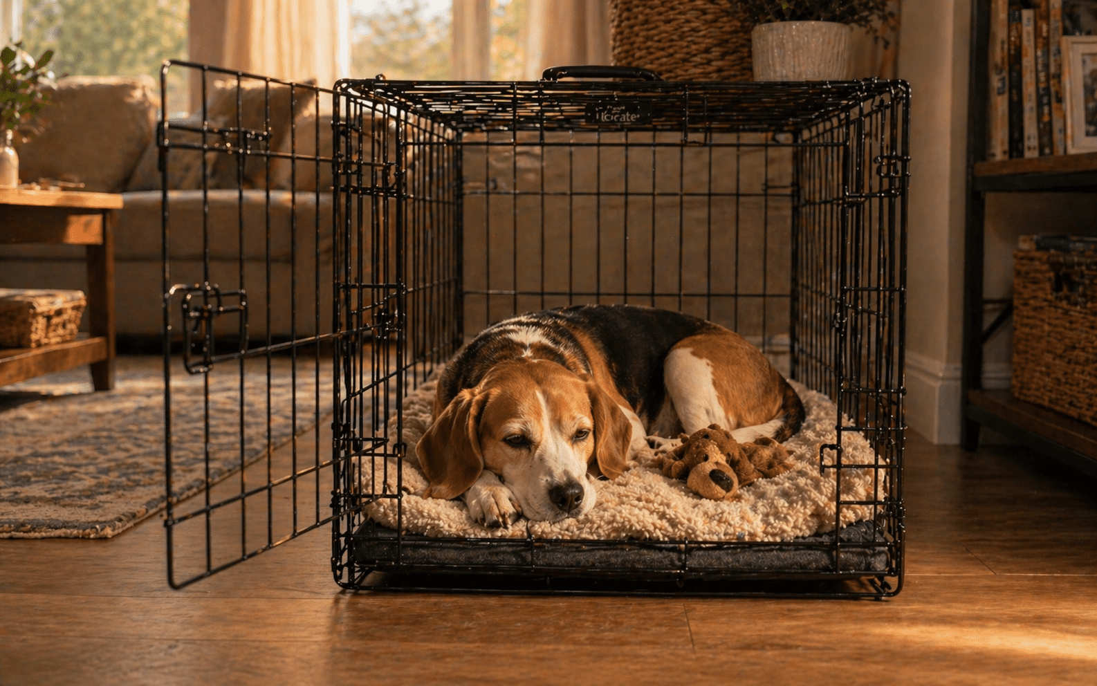 Why Is My Dog Hiding? Common Causes and What to Do 5 Dog in safe space crate showing healthy hiding spot and comfort zone
