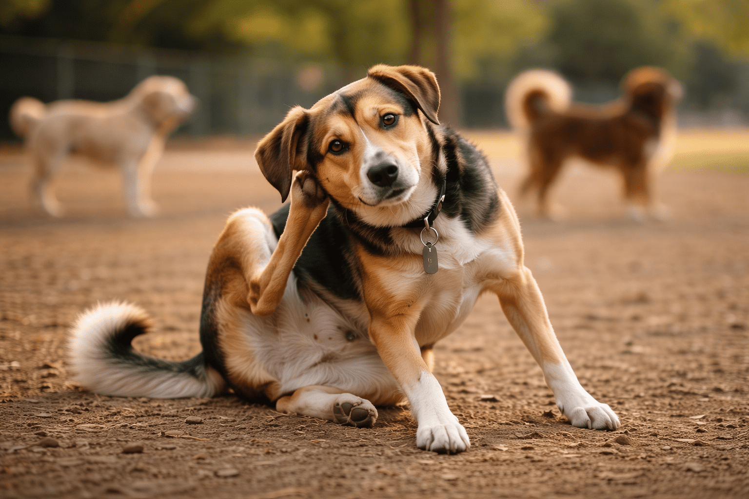 What Is Displacement Behavior in Dogs? Understanding Canine Stress Signals 1 A tricolor dog with a collar sits on dirt, scratching its ear with a hind leg, while three other dogs stand and walk in the blurred background in a park setting.