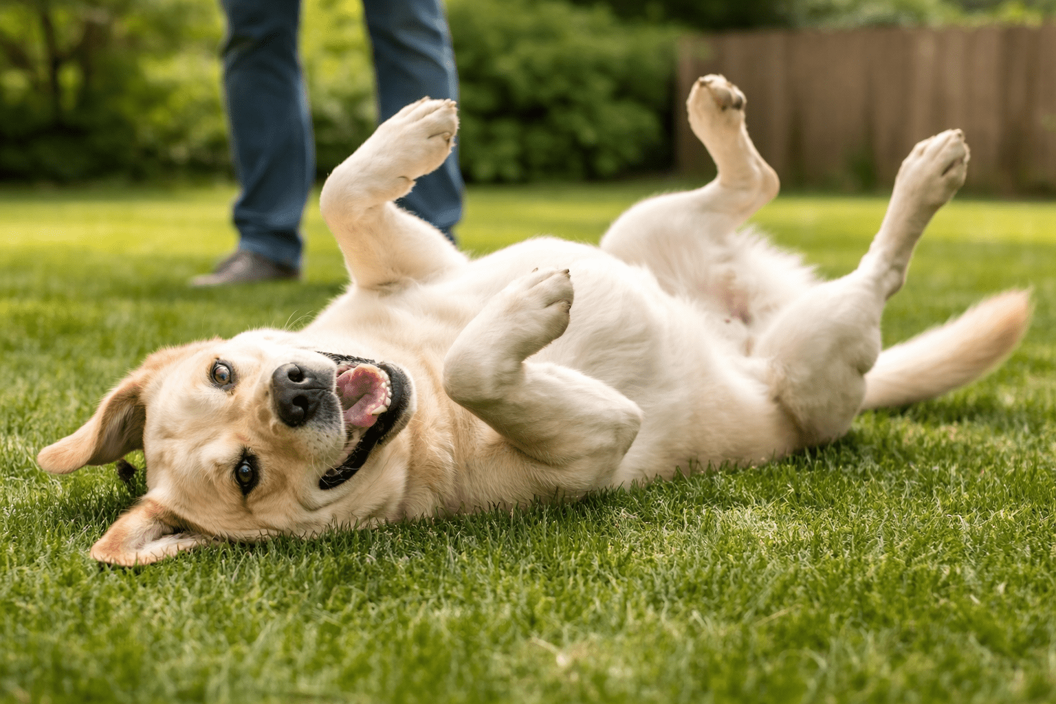 Why Do Dogs Like Belly Rubs? Understanding Your Dog's Favorite Gesture 1 A happy yellow Labrador retriever lies on its back in green grass, playfully looking at the camera. A person's legs are visible in the background, and there is a wooden fence and greenery behind them.