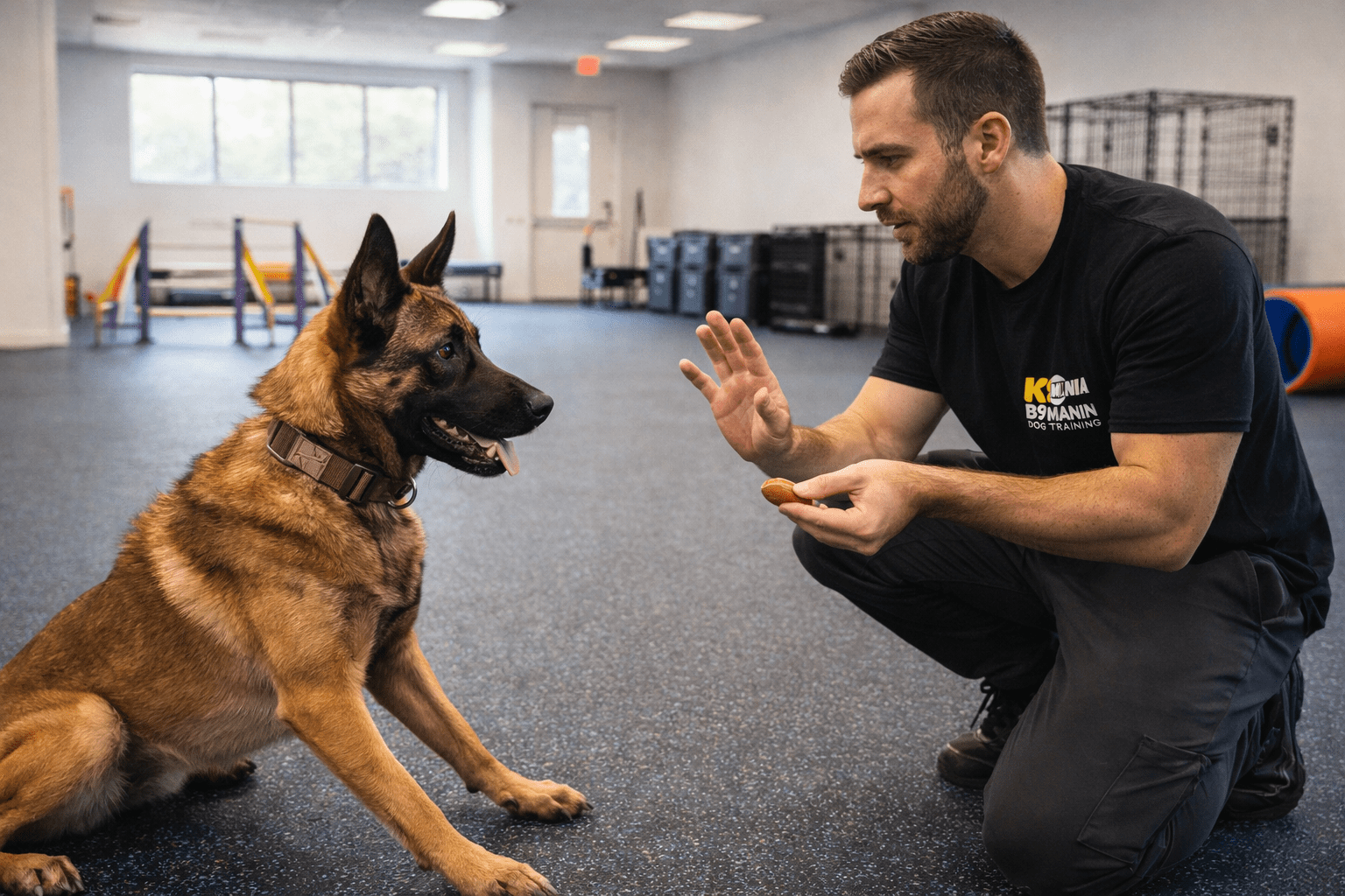 Redirected Aggression in Dogs: What It Is and How to Handle It 3 A man kneels in front of a German Shepherd, holding a treat in one hand and giving a hand signal with the other, in what appears to be a dog training facility. The dog is sitting attentively.