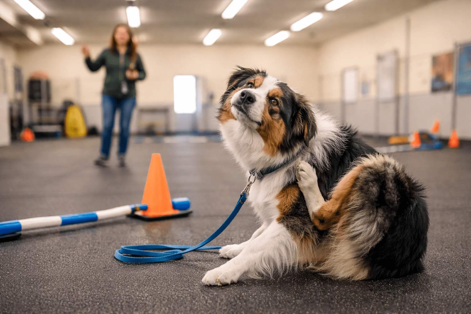 What Is Displacement Behavior in Dogs? Understanding Canine Stress Signals 3 A dog on a leash scratches its neck with its hind leg in an indoor training area, with an orange cone and agility equipment nearby. A person stands blurred in the background.