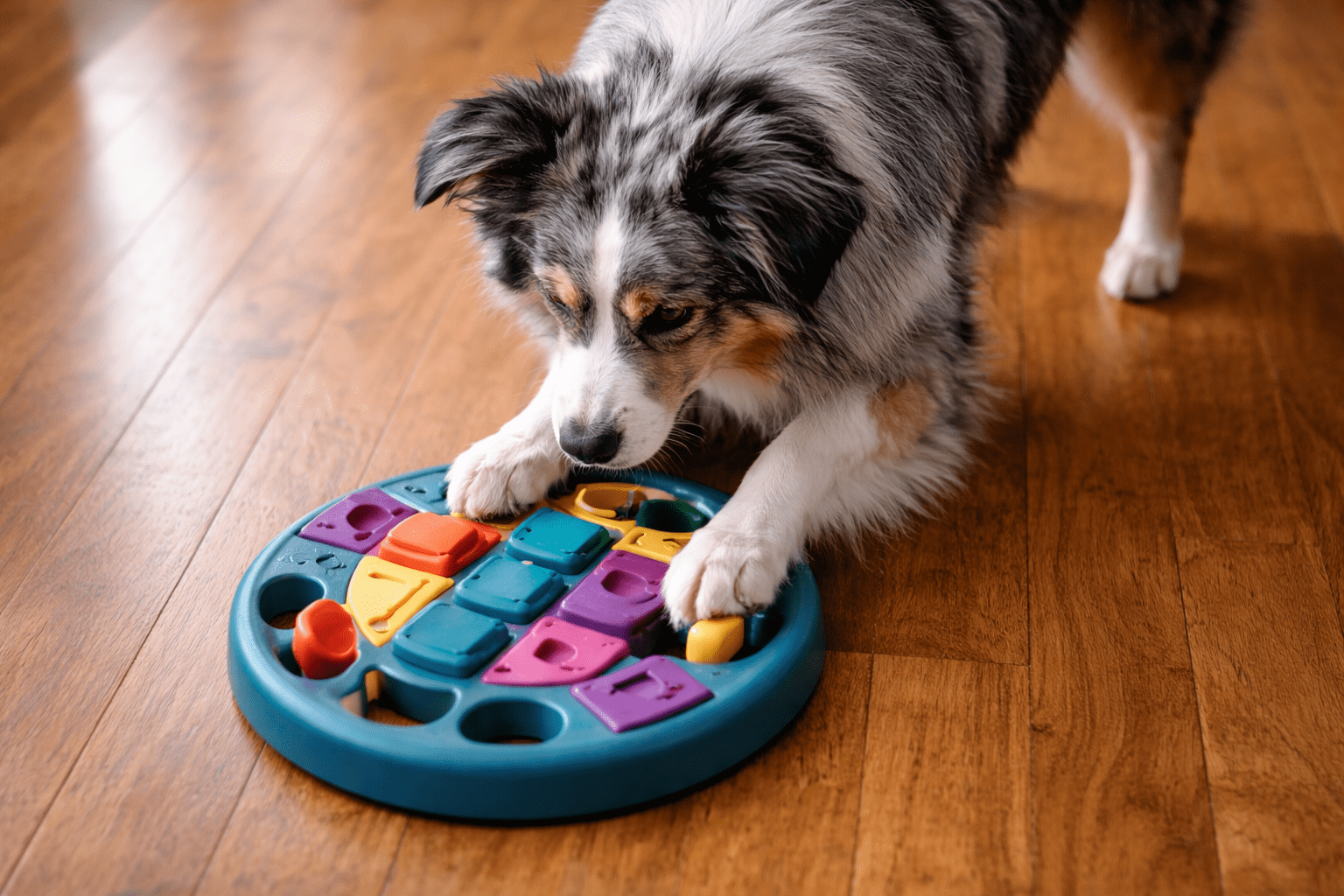 Why Is My Dog Pacing and How to Help Them Settle 6 Australian Shepherd engaged with puzzle toy showing focused mental stimulation to prevent boredom and pacing
