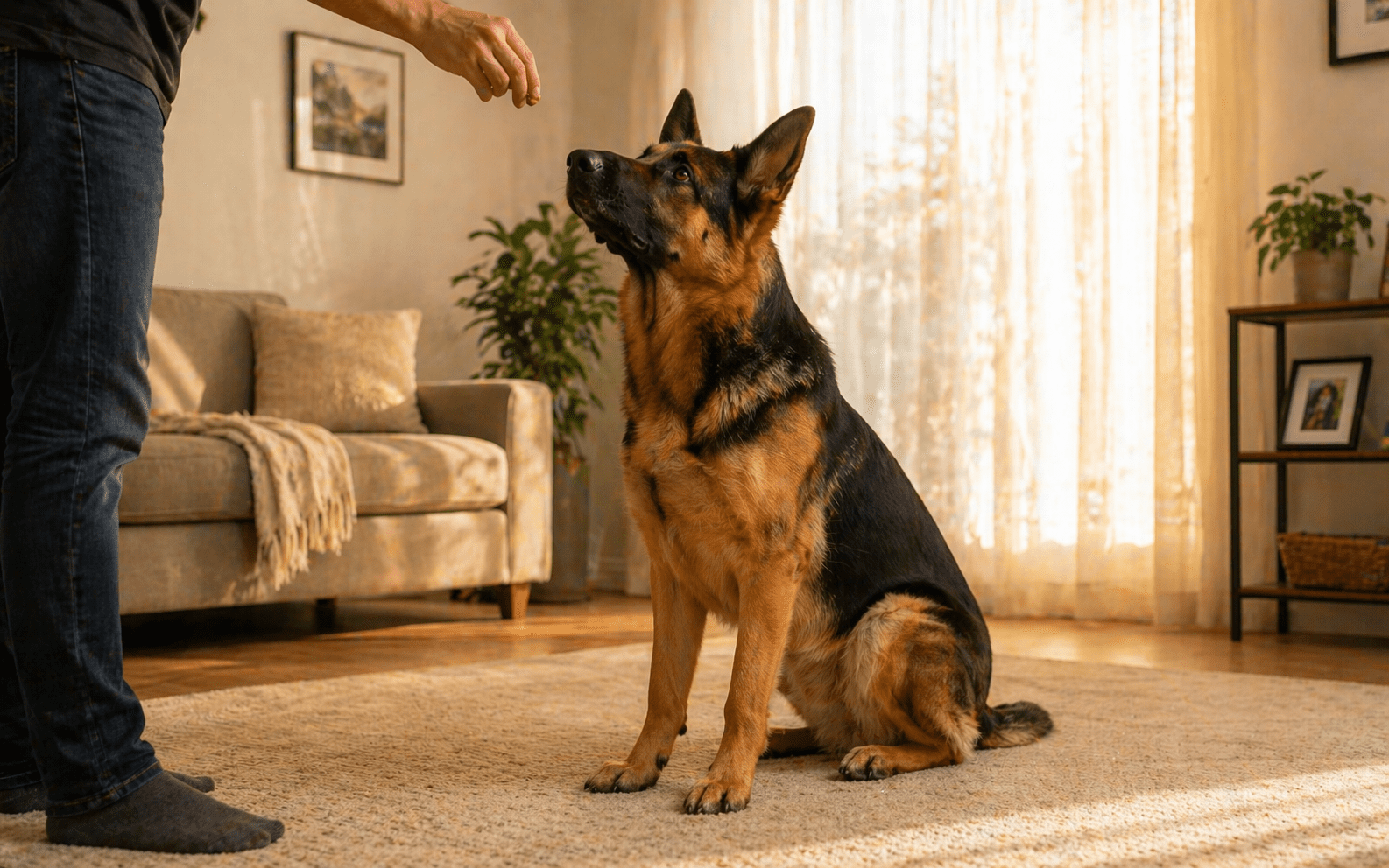 How to Entertain Your Dog Indoor: Games, Activities, and Mental Stimulation 6 German Shepherd in focused training session learning commands indoors with owner