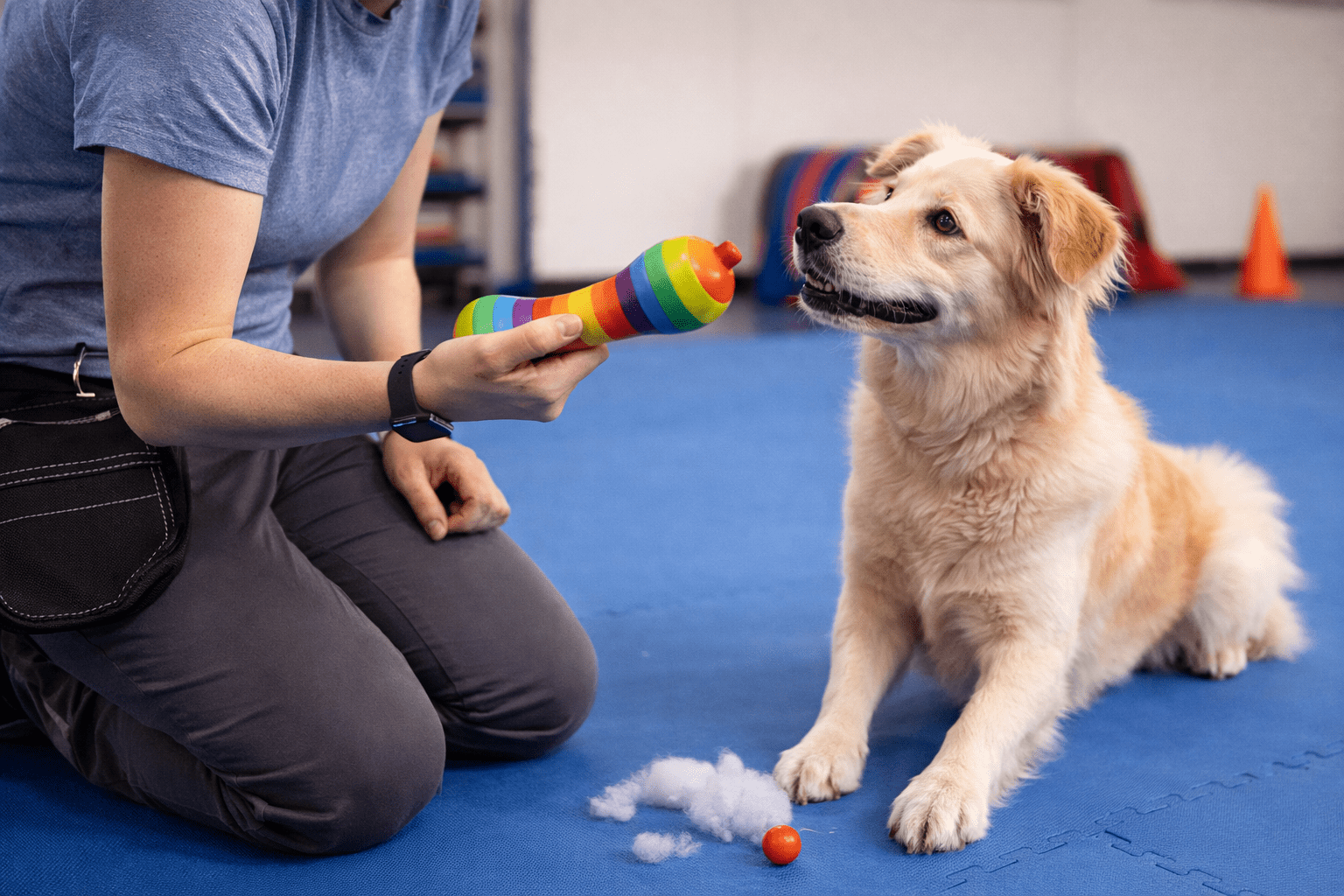Why Do Dogs Like Squeaky Toys? (The Science Behind the Obsession) 5 A person kneels on a blue mat, holding a colorful toy in front of a golden dog. The dog looks at the toy attentively, with some white stuffing and a red ball on the floor nearby.