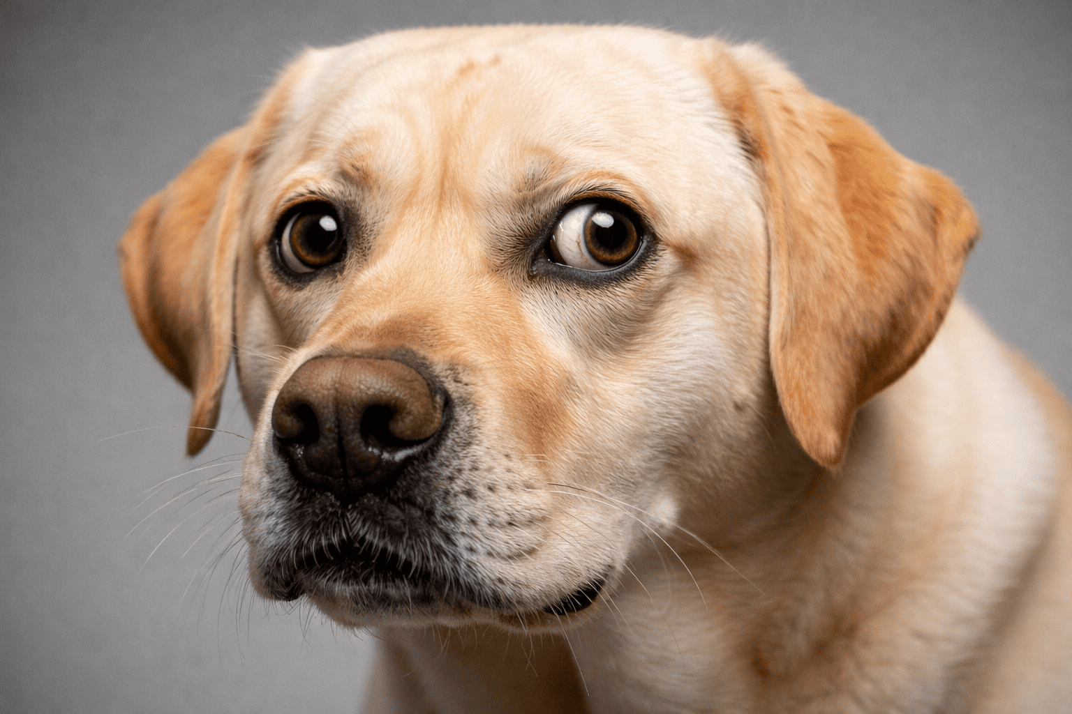 Redirected Aggression in Dogs: What It Is and How to Handle It 2 A close-up of a light brown Labrador retriever with expressive, wide eyes looking slightly to the side, against a neutral background. The dog's ears are floppy and its expression appears concerned or anxious.