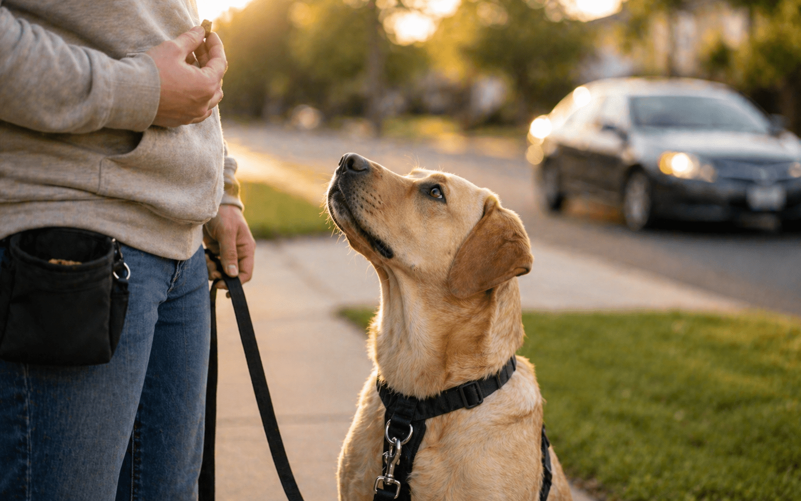 How to Stop a Dog from Chasing Cars: A Step by Step Guide 4 Dog making eye contact with owner during watch me cue near roadside
