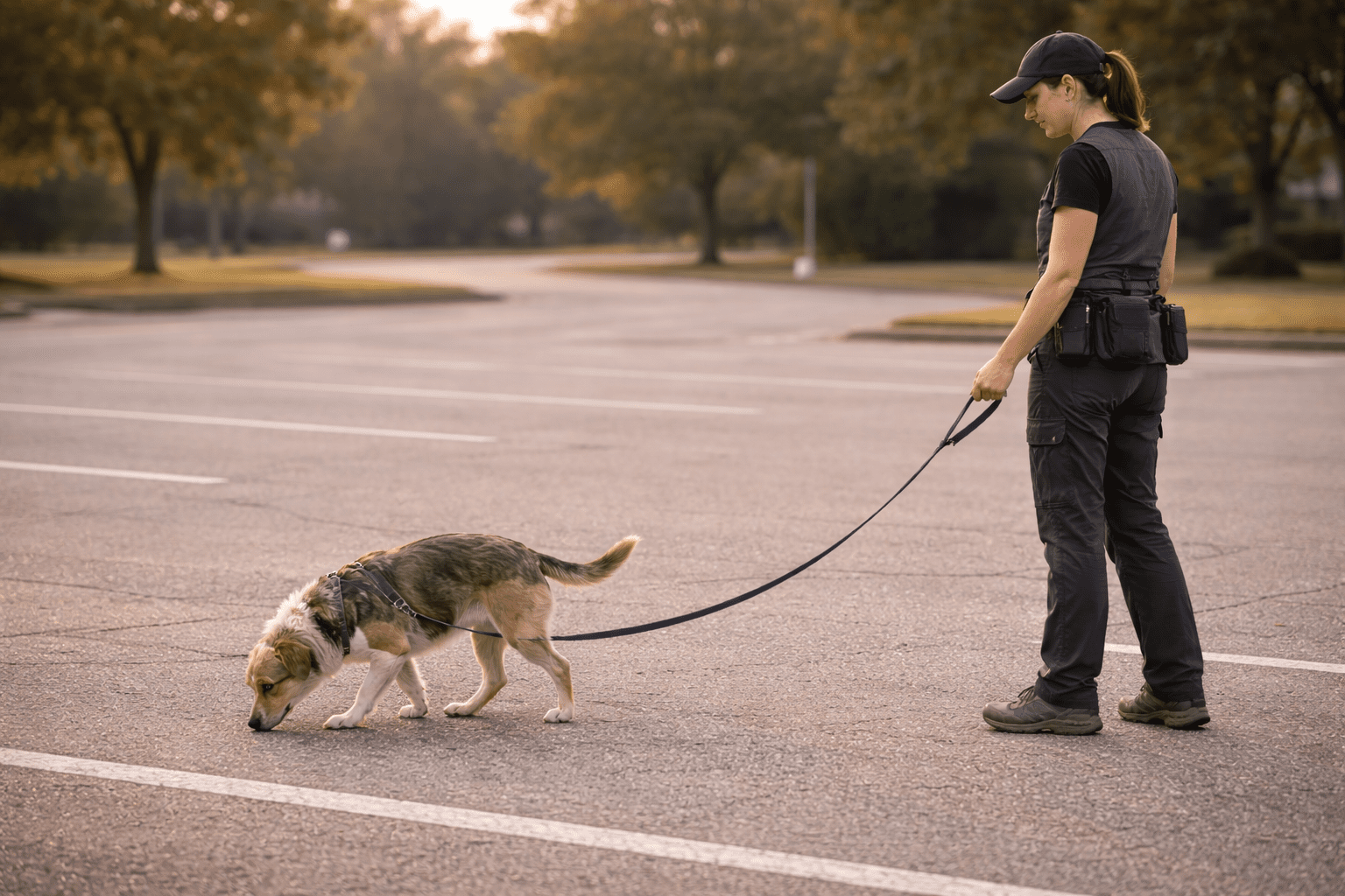 How to Socialize a Fearful Dog 5 A woman in a uniform holds a leash while a dog sniffs the ground in an empty parking lot with trees in the background, suggesting a search or training activity.