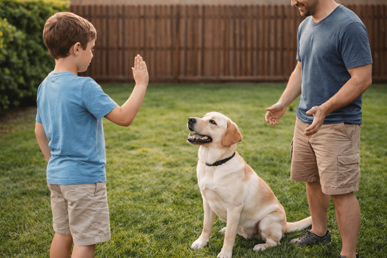 10 Most Trainable Dog Breeds That Learn Fast 6 A young boy prepares to give a high-five to a yellow Labrador retriever sitting on grass, while an adult man watches and encourages them in a backyard.