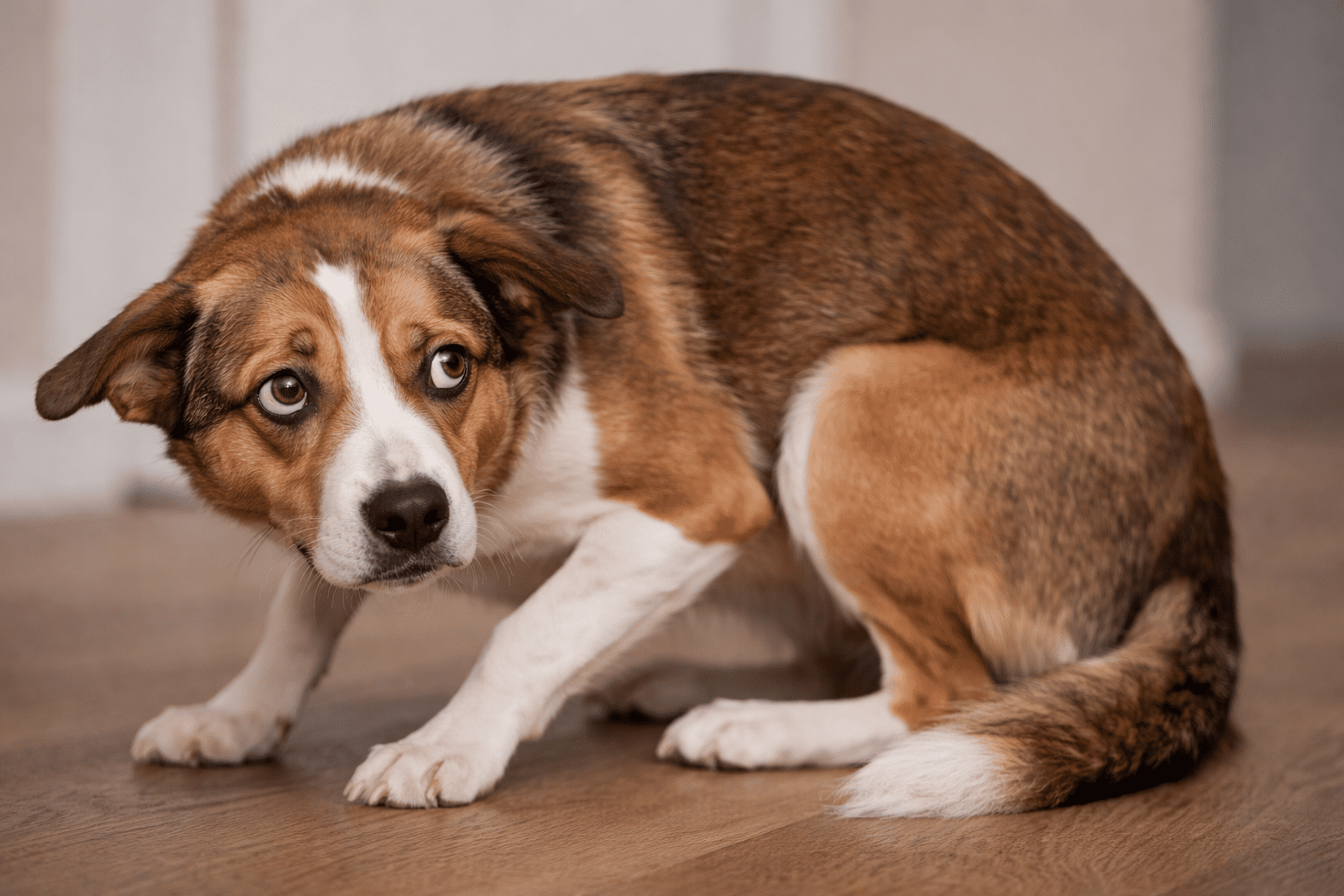 How to Socialize a Fearful Dog 1 A brown and white dog with blue eyes is crouched on a wooden floor, appearing frightened or anxious, with its ears back, body low to the ground, and tail curled around its legs.