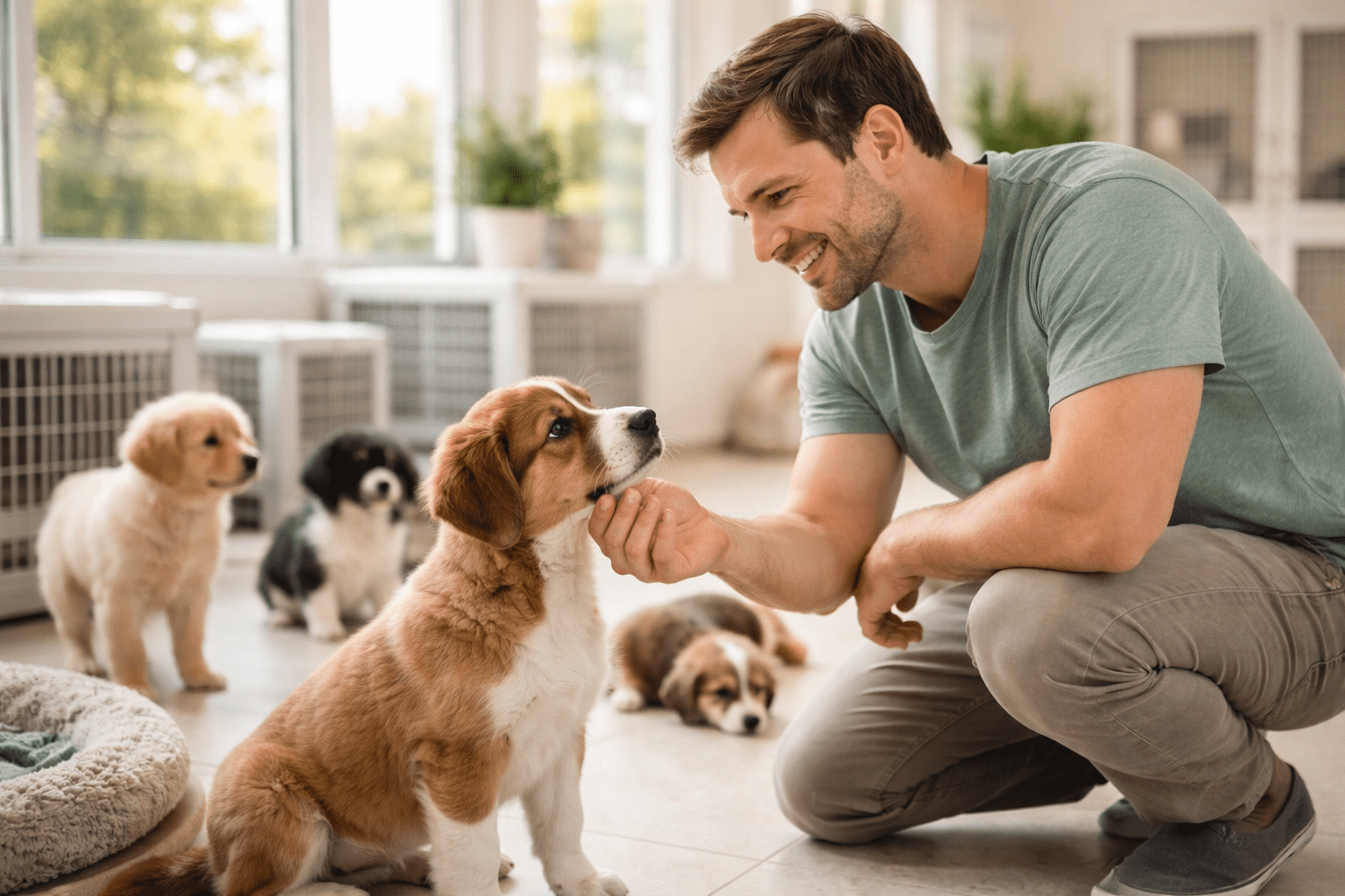 A man in a green t-shirt kneels indoors, smiling as he gently pets the chin of a brown and white puppy. Several other puppies are playing or resting around them in a bright, cozy room.