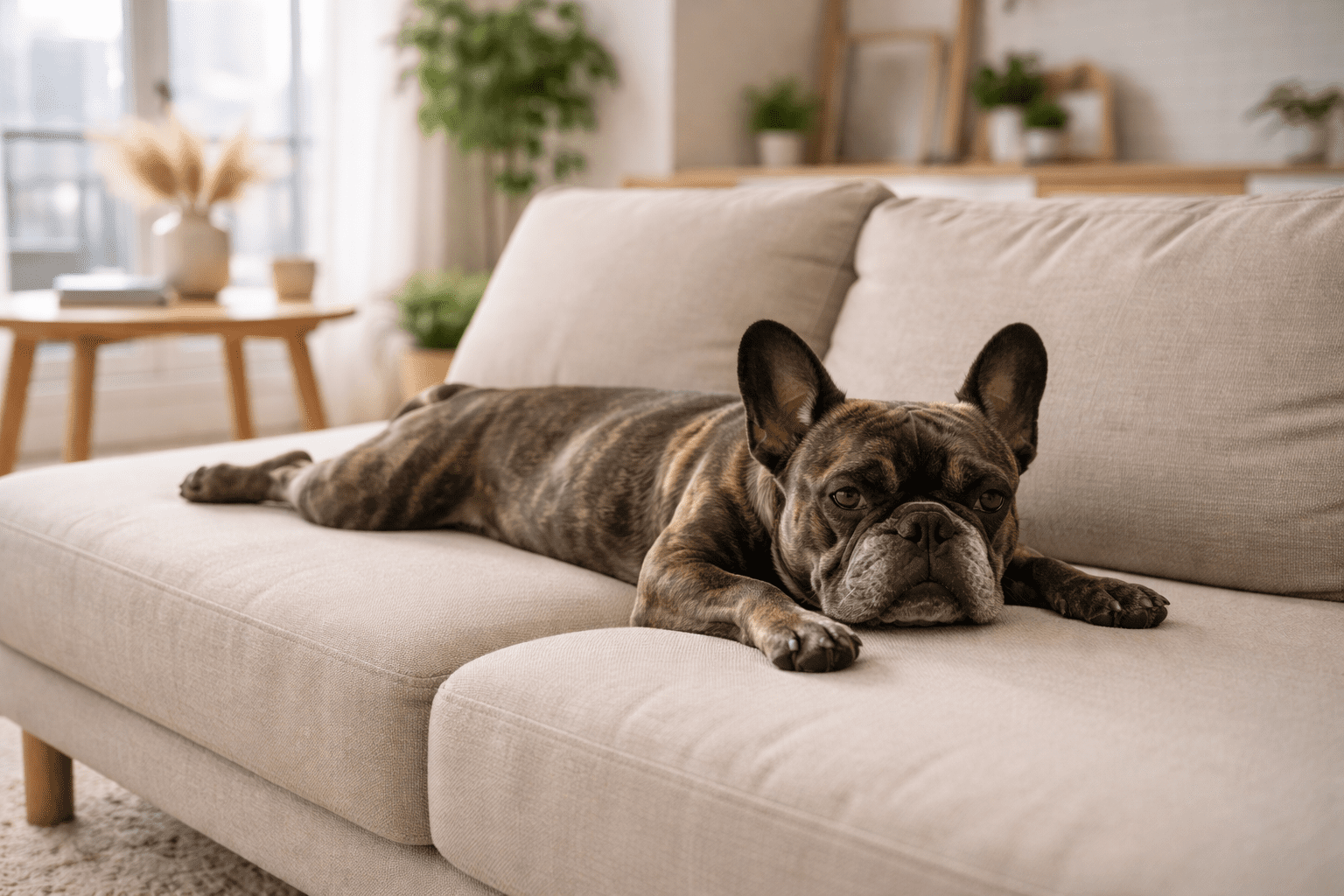 15 Best Dog Breeds for Apartments:Top Picks for Small Spaces 1 A brindle French Bulldog lies stretched out on a light beige sofa in a cozy, sunlit living room with plants and wooden furniture in the background.