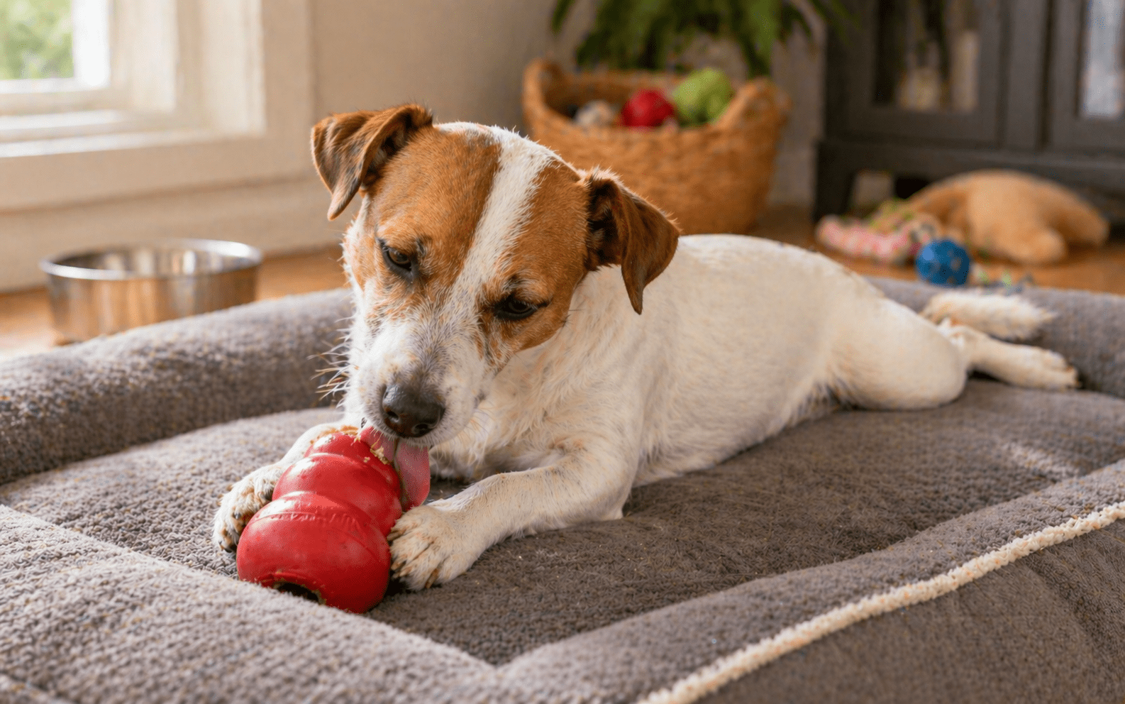 Jack Russell Terrier enjoying frozen Kong toy for long lasting indoor entertainment