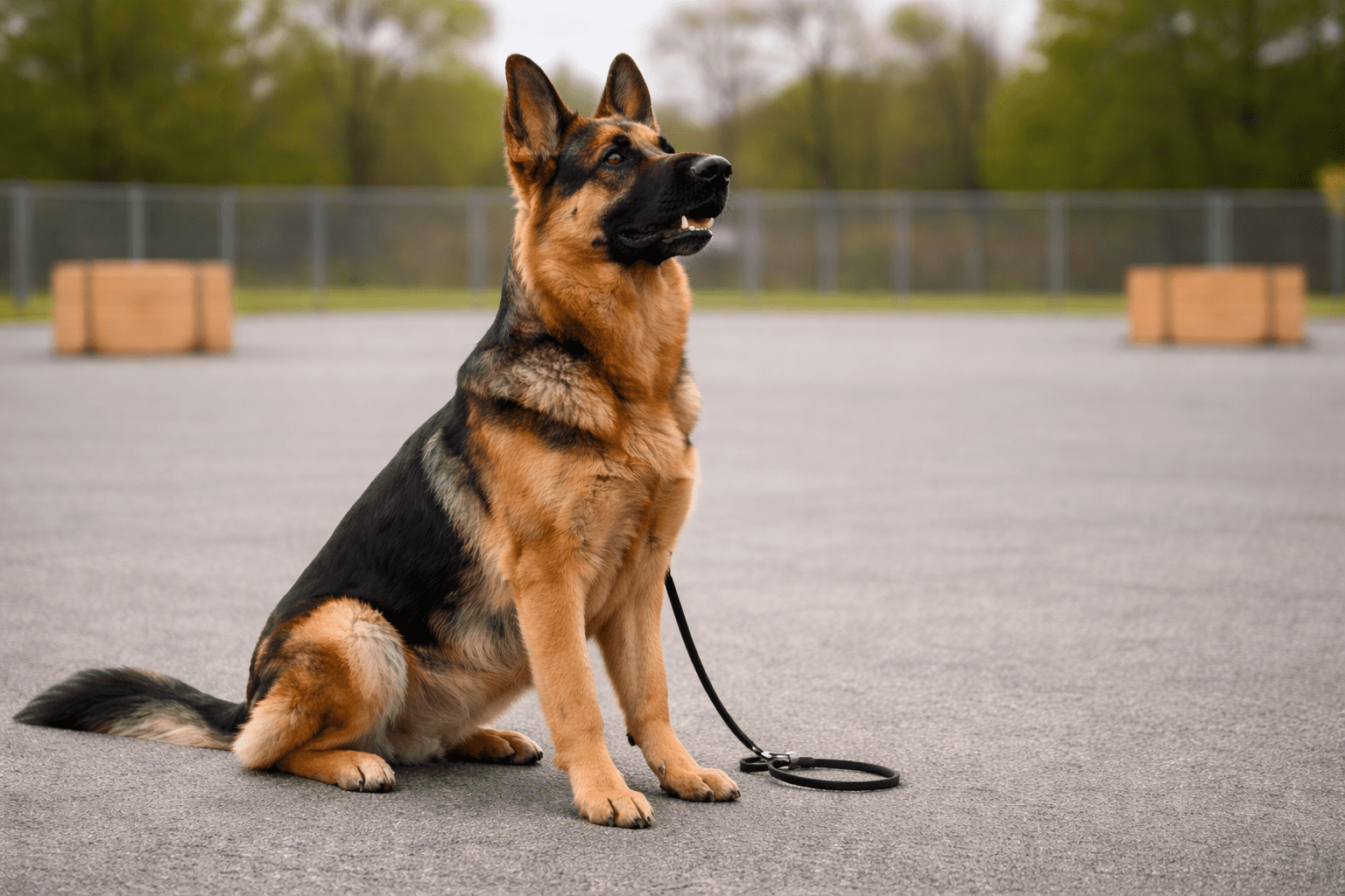 How to Train a German Shepherd: Complete Guide for Success 3 A German Shepherd sits obediently on a paved surface with a black leash attached to its collar. In the background, there are trees, a fence, and two wooden planters.