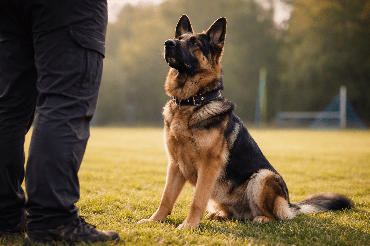 10 Most Trainable Dog Breeds That Learn Fast 2 A German Shepherd dog sits attentively on grass, looking up at a person standing nearby. The scene appears to be outdoors, possibly in a park or training field, with blurred trees in the background.
