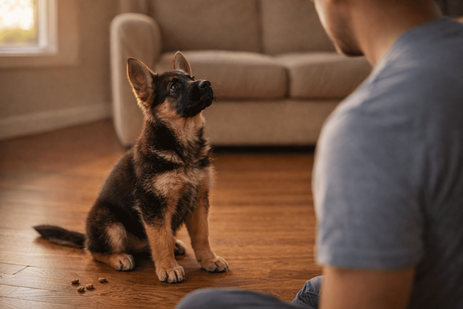 How to Train a German Shepherd: Complete Guide for Success 1 A German Shepherd puppy sits attentively on a hardwood floor, looking up at a person during a training session. Small treats are visible on the floor nearby, with a beige sofa in the background.