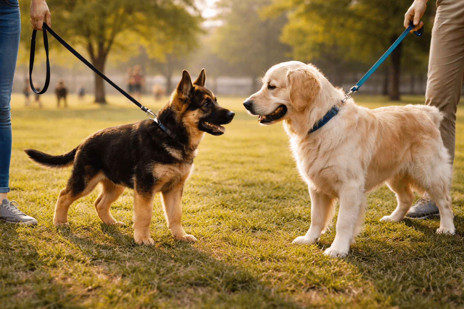 How to Train a German Shepherd: Complete Guide for Success 4 A German Shepherd puppy and a Golden Retriever are on leashes, facing each other in a grassy park, each held by a person. The dogs appear friendly and curious, and the sun is shining in the background.