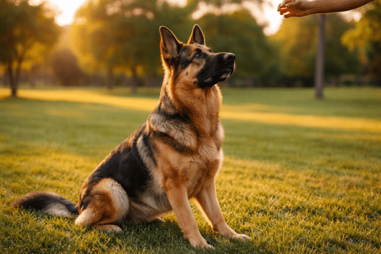 A German Shepherd dog sits attentively on green grass in a park at sunset, looking up at a person's outstretched hand holding a treat.