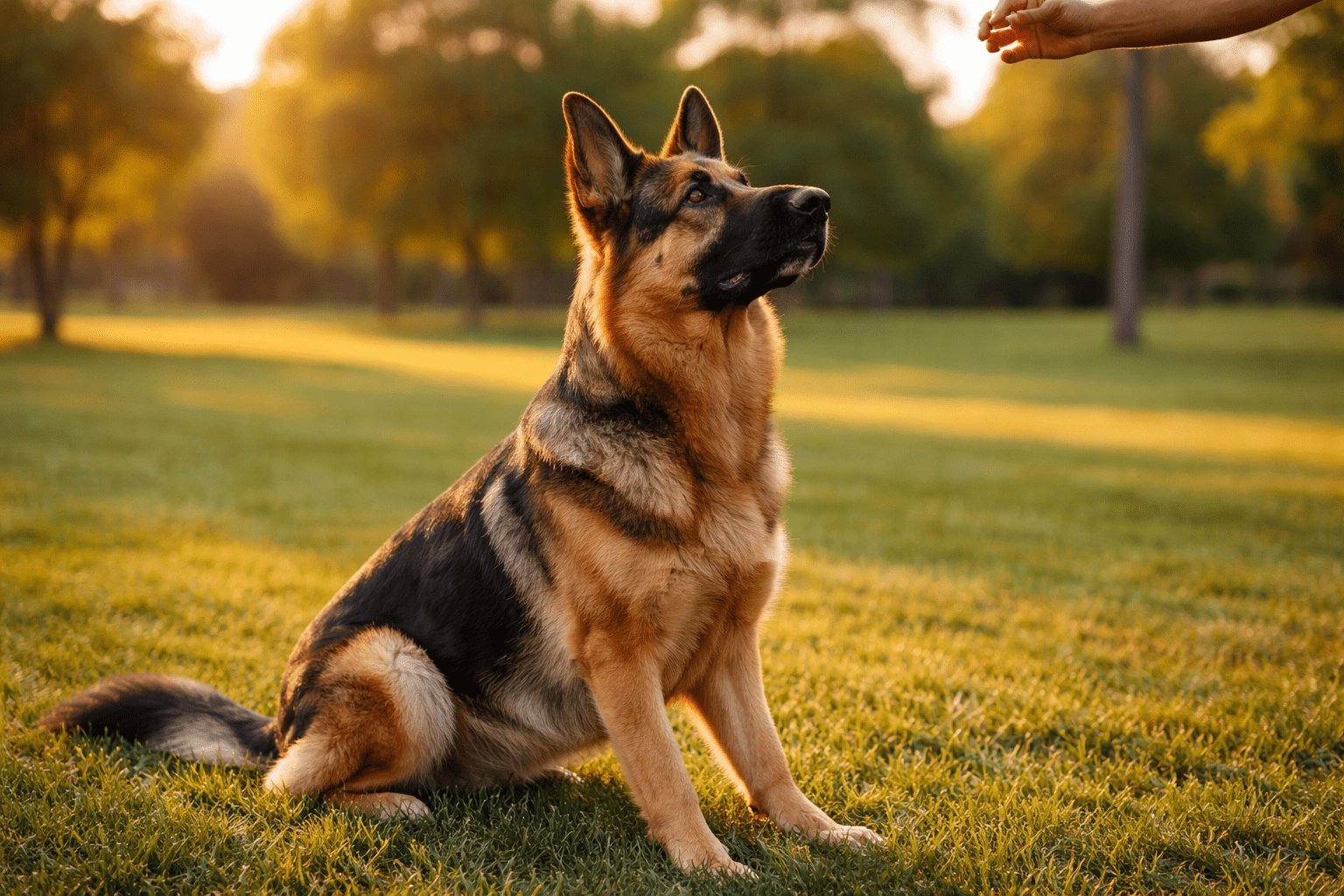 A German Shepherd dog sits attentively on green grass in a park at sunset, looking up at a person's outstretched hand holding a treat.