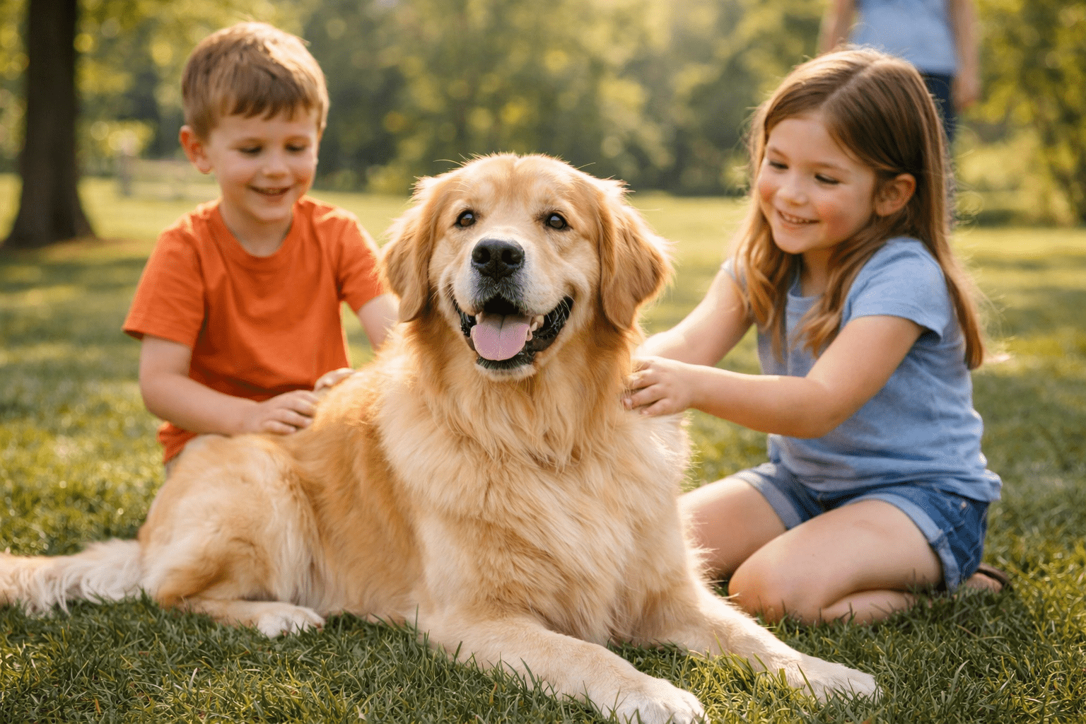 Best Dogs for First Time Owners: Complete Breed Guide 3 A happy golden retriever lies on grass with a young boy and girl sitting on either side, smiling and petting the dog in a sunlit park. Trees and greenery are visible in the background.