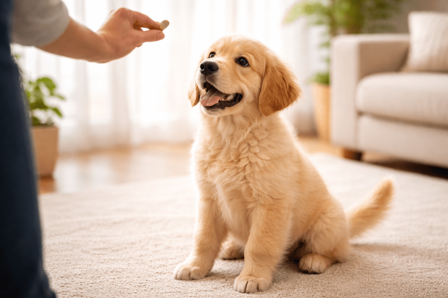 10 Most Trainable Dog Breeds That Learn Fast 3 A fluffy golden retriever puppy sits on a carpet, looking up eagerly at a person holding a treat in their hand. The scene is indoors, with sunlight and a sofa in the background.