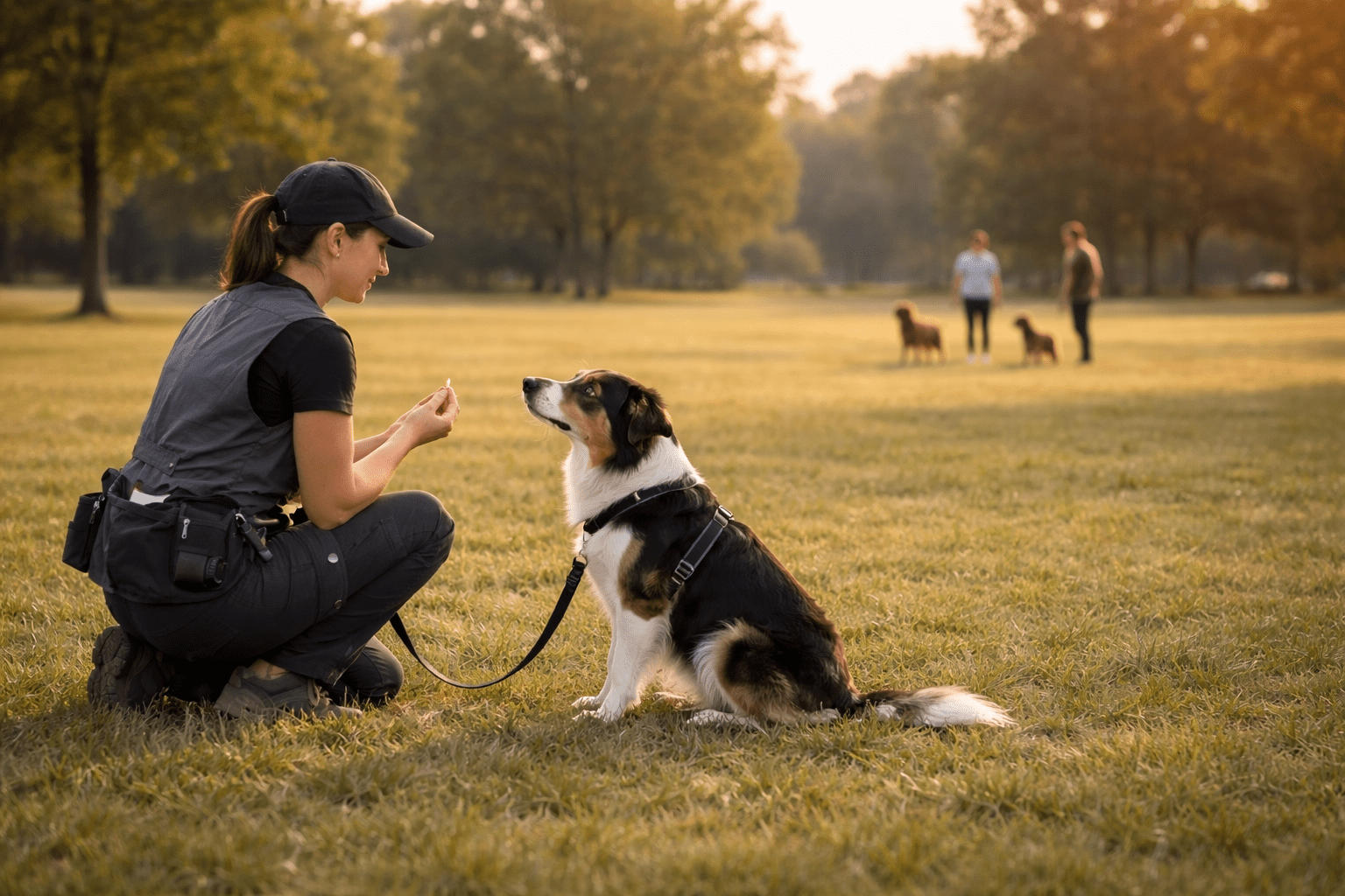 How to Socialize a Fearful Dog 2 A woman kneels on grass, training a black and white dog on a leash in a park. Two other people and dogs are seen in the blurred background. The scene is lit by warm, soft sunlight.