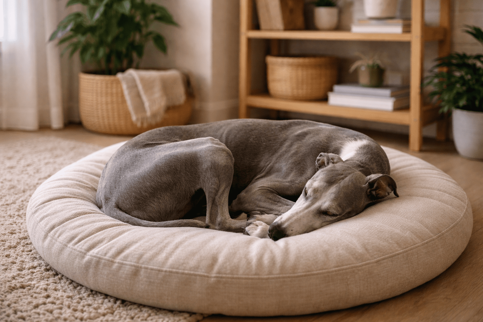 15 Best Dog Breeds for Apartments:Top Picks for Small Spaces 3 A grey dog is curled up and sleeping on a round, beige dog bed in a cozy living room with plants, shelves, and soft natural light.
