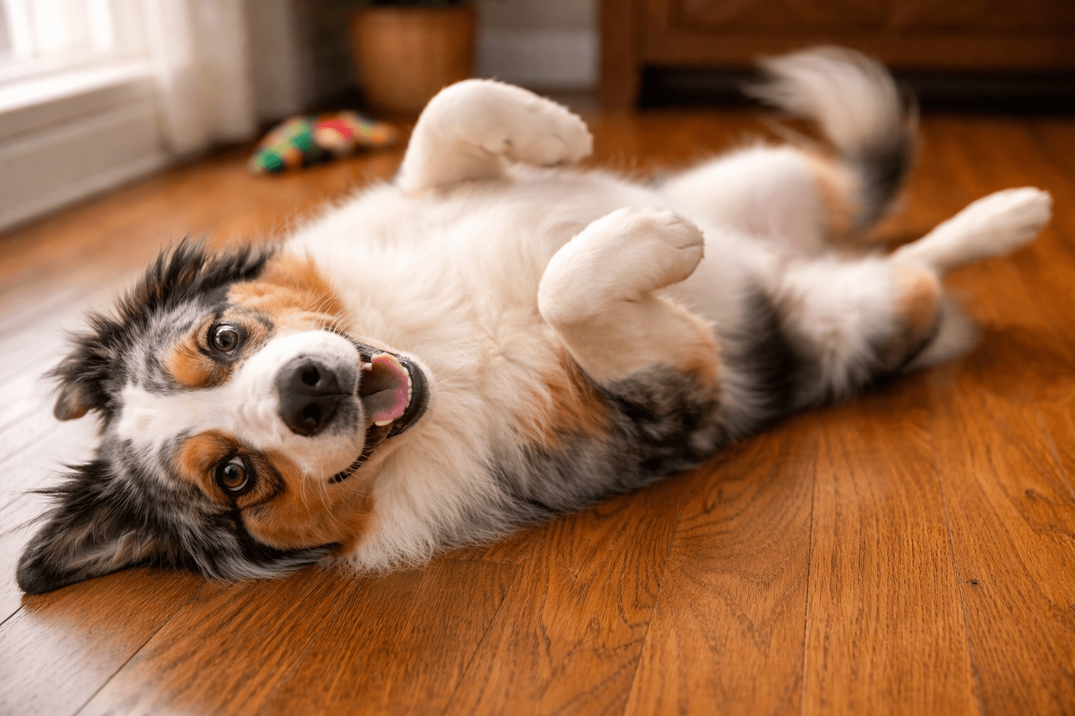 Why Do Dogs Like Belly Rubs? Understanding Your Dog's Favorite Gesture 3 A happy, fluffy dog with a tricolor coat lies on its back on a wooden floor, looking up with a playful expression and its tongue slightly out. There are toys and a plant in the background.