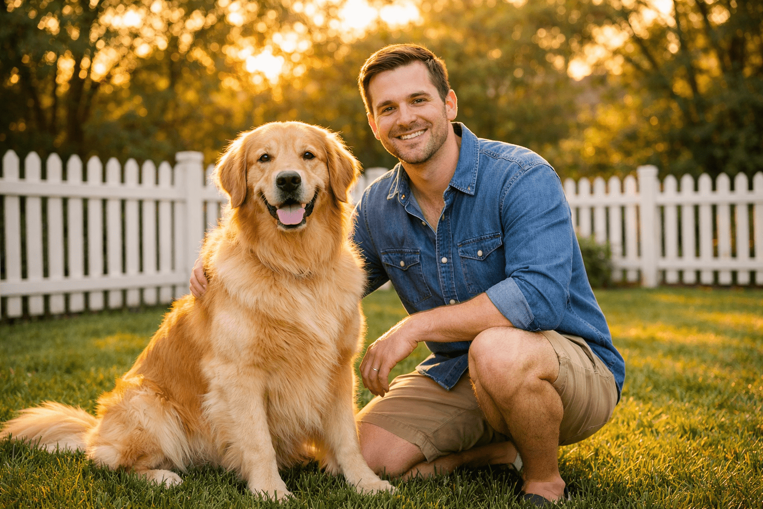 Best Dogs for First Time Owners: Complete Breed Guide 1 A smiling man in a blue shirt and khaki shorts kneels next to a happy golden retriever in a grassy yard with a white picket fence and trees, bathed in warm sunlight.