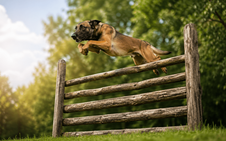 Belgian Malinois jumping high over a wooden fence in a grassy backyard